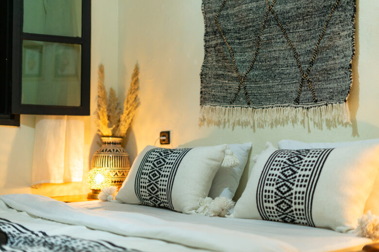 close view of kingsize bed in the double room at anza surfhouse